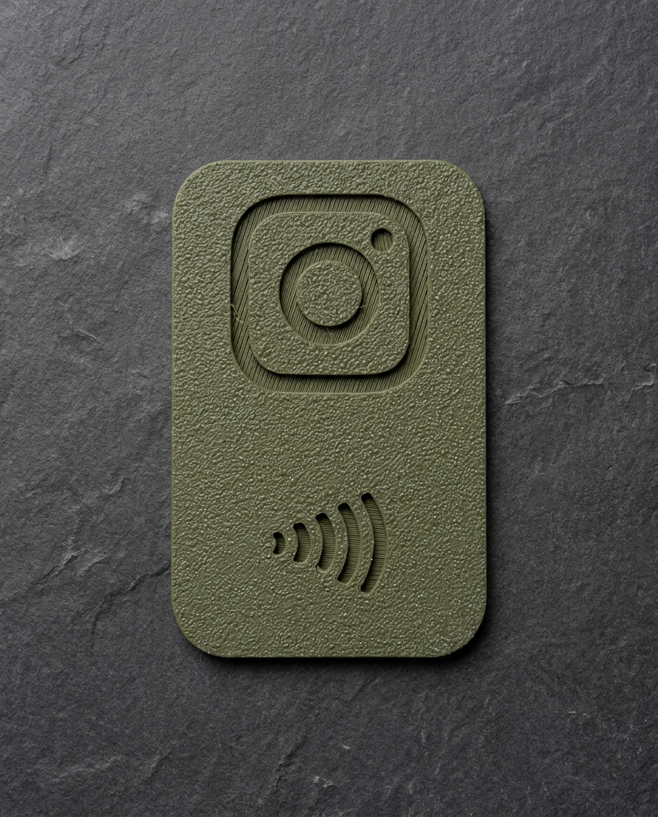 Olive green NFC tap card with recessed Instagram logo on dark stone
